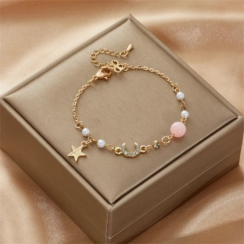 Fashionable Pearl Bracelet For Women Unique Design Star Moon Sun Friend Style Alloy Material European Style Plated Bracelet
