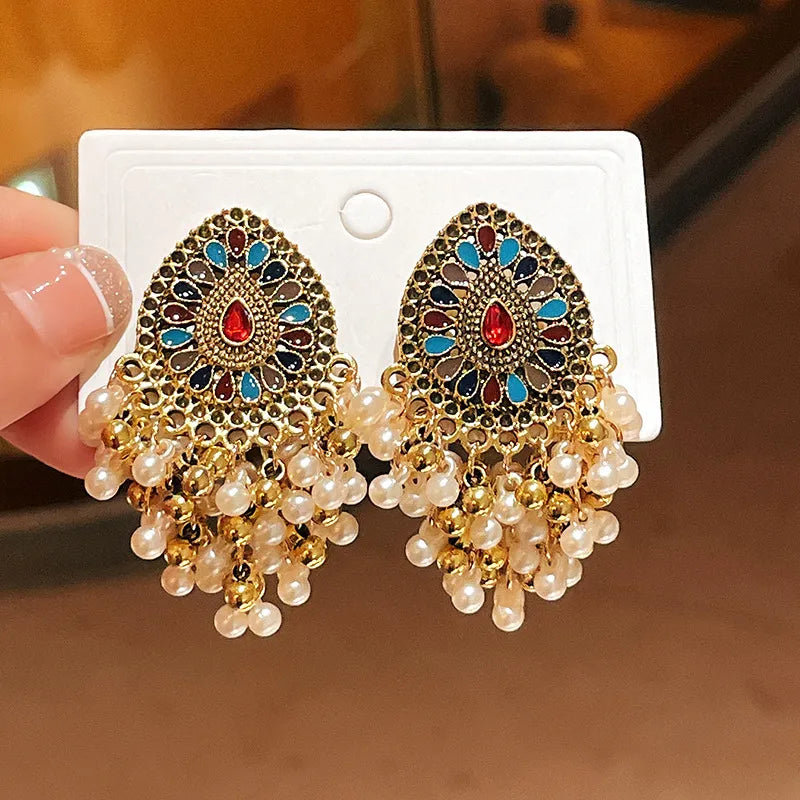 Silver Needle Retro Diamonds Water Drop Tassel Earrings Ethnic Style