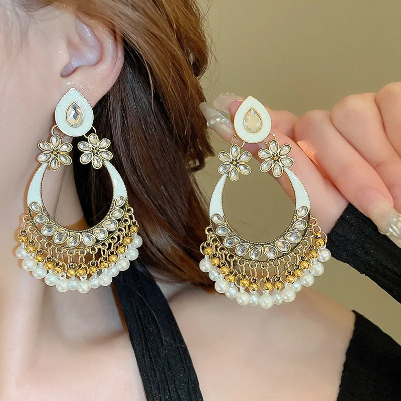 Silver Needle Retro Diamonds Water Drop Tassel Earrings Ethnic Style