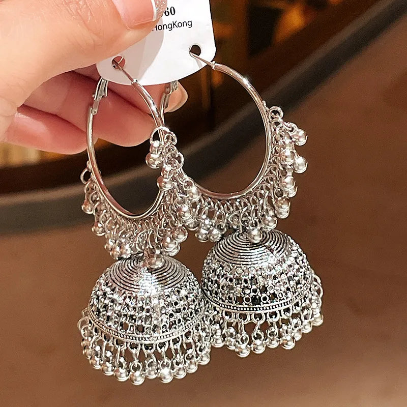 Silver Needle Retro Diamonds Water Drop Tassel Earrings Ethnic Style