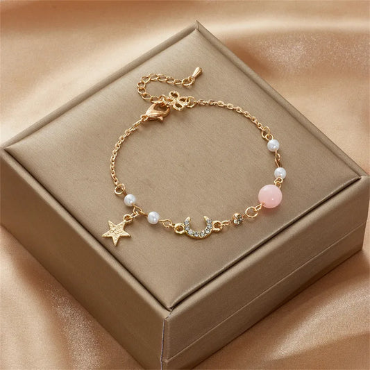 Fashionable Pearl Bracelet For Women Unique Design Star Moon Sun Friend Style Alloy Material European Style Plated Bracelet