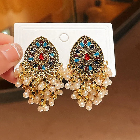 Silver Needle Retro Diamonds Water Drop Tassel Earrings Ethnic Style