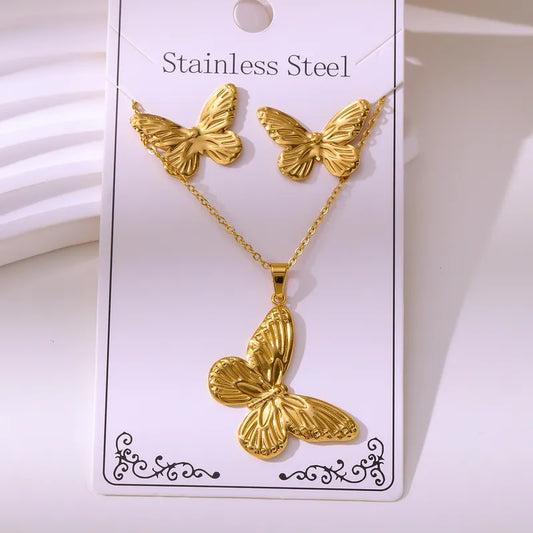 New Vintage Court Stainless Steel Gold Plated Jewelry Set Ocean Pattern Earrings Necklace