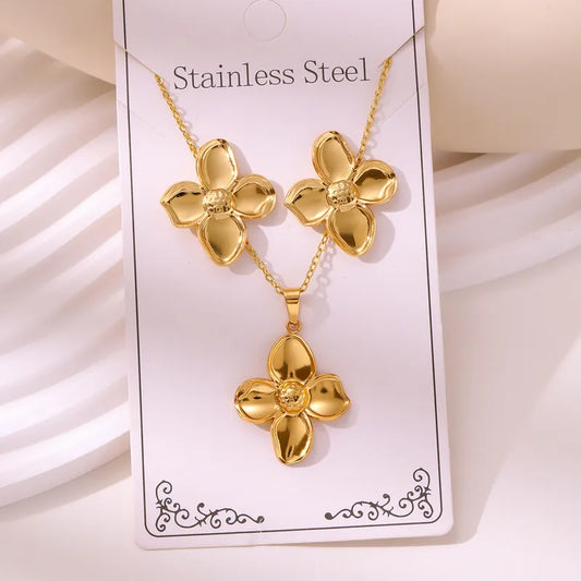 New Vintage Court Stainless Steel Gold Plated Jewelry Set Ocean Pattern Earrings Necklace