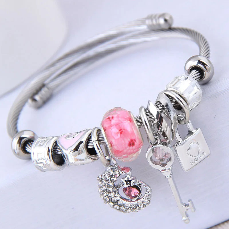 Trendy Jewelry Stainless Steel Bracelet DIY Beading Crystal Moon Star Pendant Hand Ring Bracelet