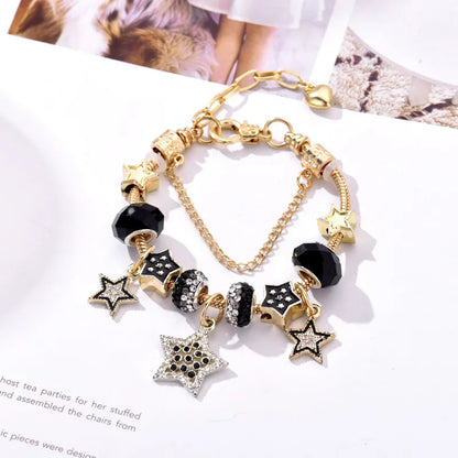 Unisex Golden Metal Star Bracelet With Beading Craft, Perfect For Travel