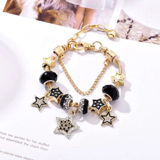 Unisex Golden Metal Star Bracelet With Beading Craft, Perfect For Travel
