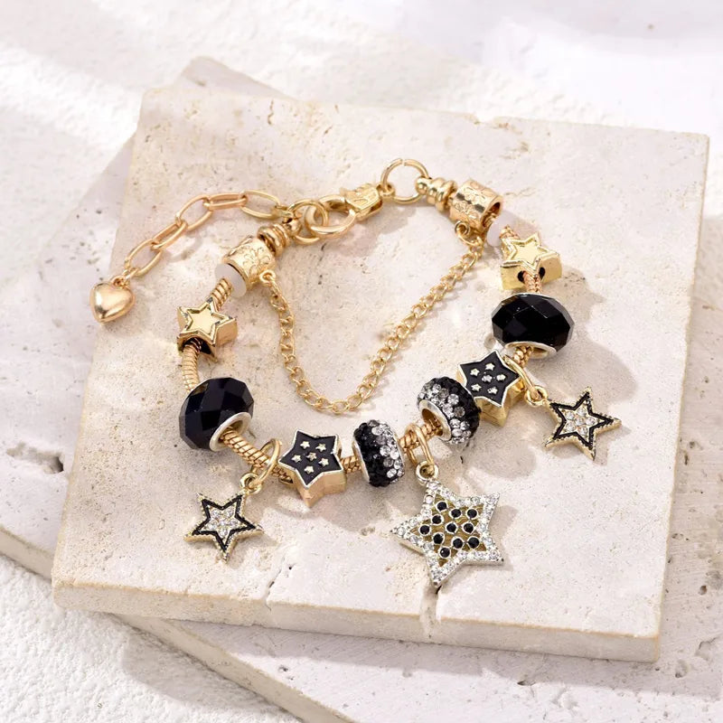 Unisex Golden Metal Star Bracelet With Beading Craft, Perfect For Travel