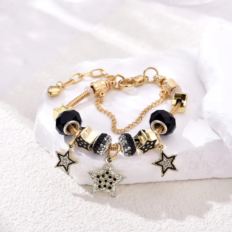 Unisex Golden Metal Star Bracelet With Beading Craft, Perfect For Travel