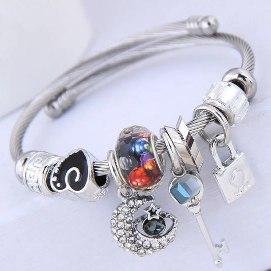 Trendy Jewelry Stainless Steel Bracelet DIY Beading Crystal Moon Star Pendant Hand Ring Bracelet