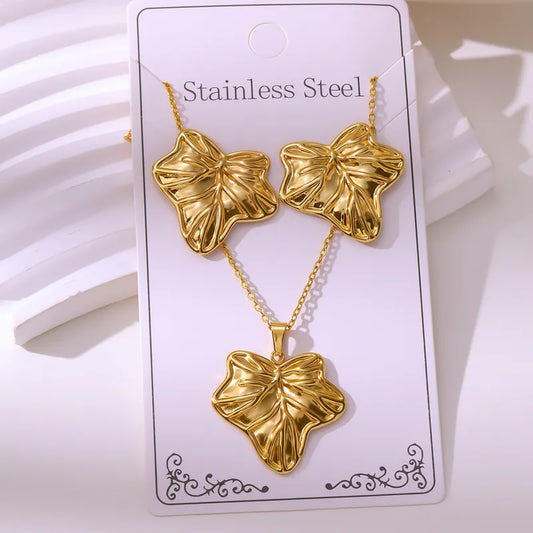 New Vintage Court Stainless Steel Gold Plated Jewelry Set Ocean Pattern Earrings Necklace
