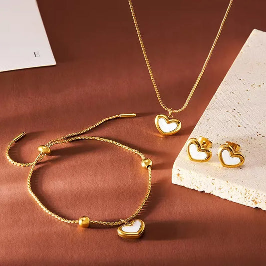 Gold Heart Jewelry set-stainless steel Necklace, Bracelet & Earrings(waterproof, Tarnish-free)