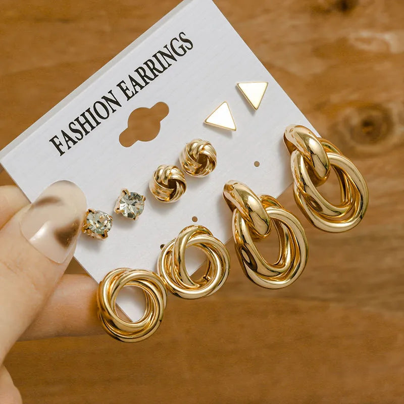 Modern Vintage Gold & Pearl Earrings Set - Bold Geometrics Design